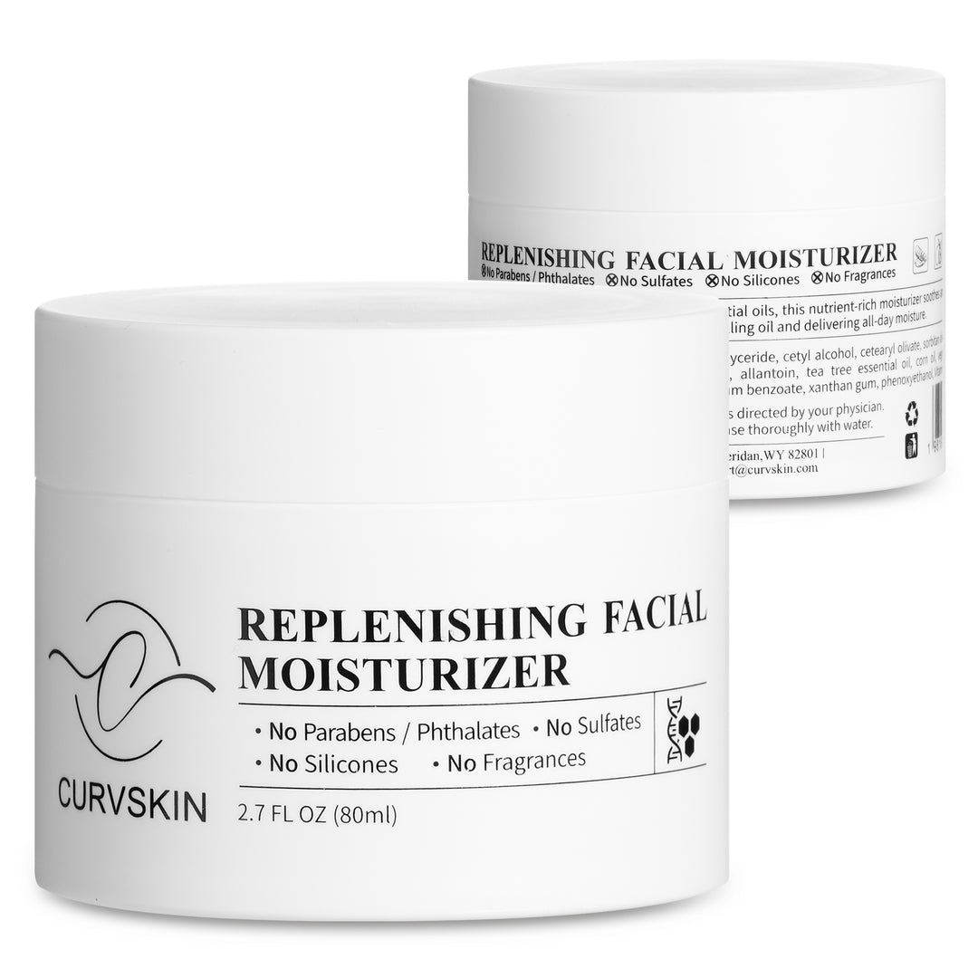 Curv Skin Replenishing Facial Moisturizer front and back of the bottle.