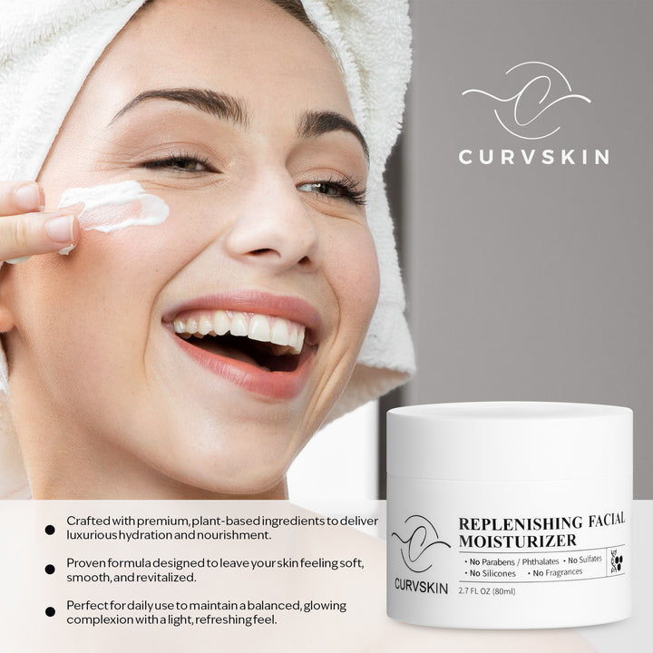 Curv Skin Replenishing Facial Moisturizer infograpic. Crafted with premium, plant based ingrediants to deliver luxurious hydration and nourishment. Proven formula to leave your skin feeling soft, smooth, and revitalized. Perfect for daily use to maintain a balanced, glowing complexion with a light, refreshing feel.