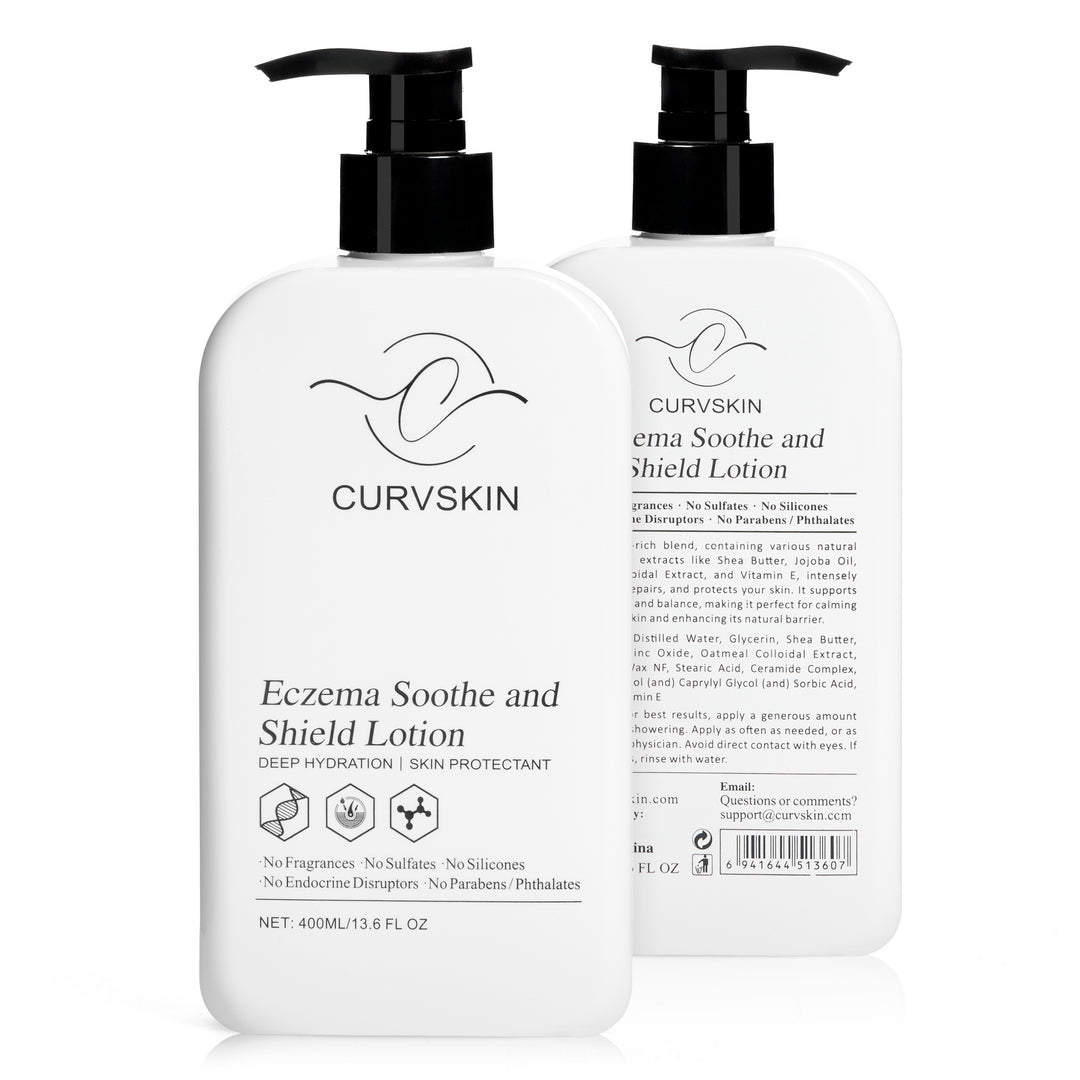 Curv Skin Eczema Soothe and Shield front and back of the bottle.