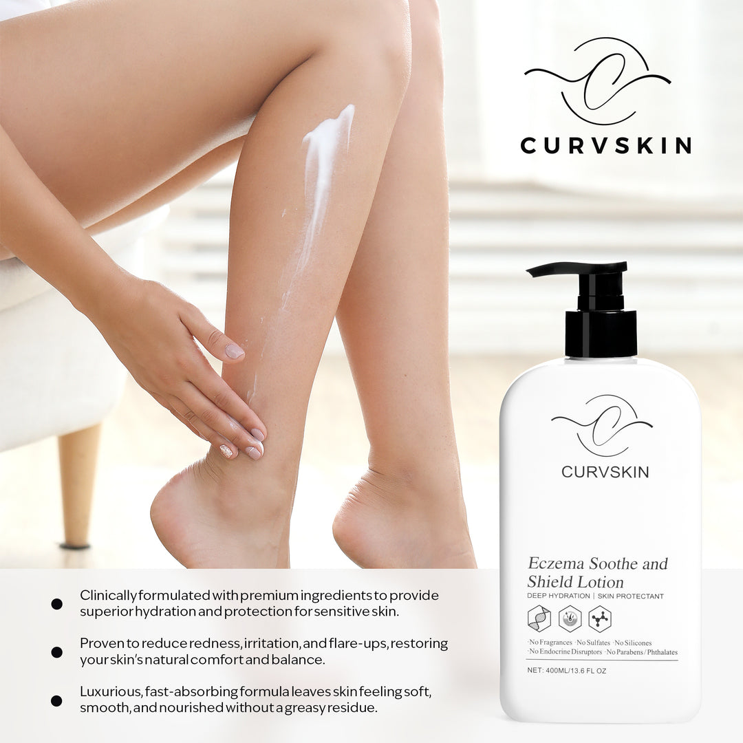 Curv Skin Soothe and Shield infographic. Clinically formulated with premium ingredients to provide superior hydration and protection for sensitive skin. Proven to reduce redness, irritation, and flare-ups, restoring your skin's natural comfort and balance. Luxurious, fast-absorbing formula leaves skin feeling soft, smooth, and nourishing without a greasy residue.