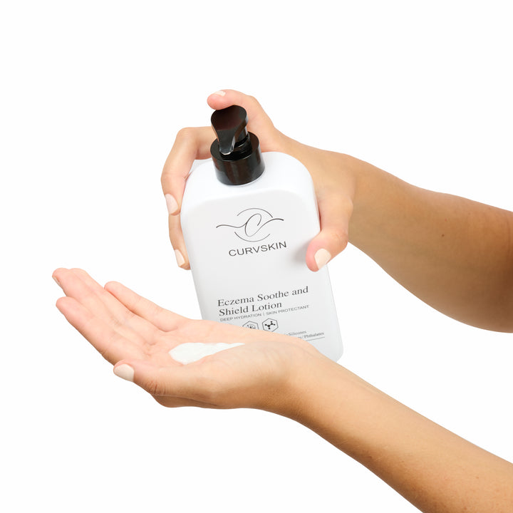 Curv Skin Eczema Soothe and Shield being pumped into hand showing the texture of the lotion.