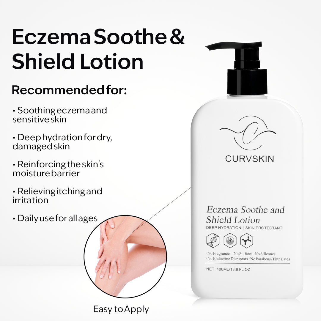 Curv Skin Eczema Soothe and Shield infographic recommended for soothing eczema and sensitive skin. Deep hydration for dry, damaged skin. Reinforcing the skin's moisture barrier. Relieving itching and irritation. Daily use for all ages.